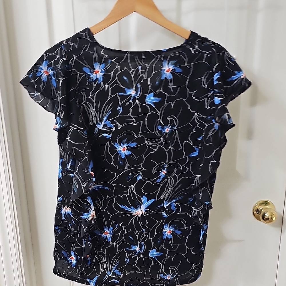 Basque Black and Blue Floral Blouse Size 14 - Picture 5 of 5